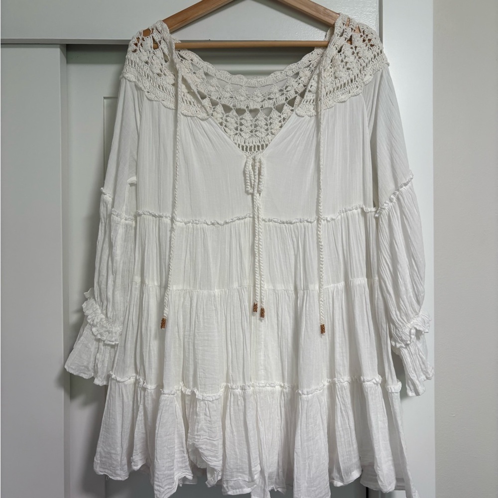 White Crochet Trim Peasant Dress